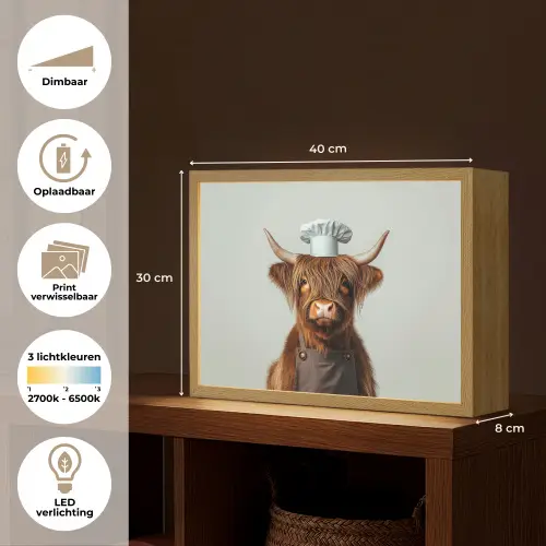 Schotse Hooglander - Bruin - Hoorns - Kokskleding Light Box met batterij (Wandlamp) middel -USP_websiteoverzichtNL