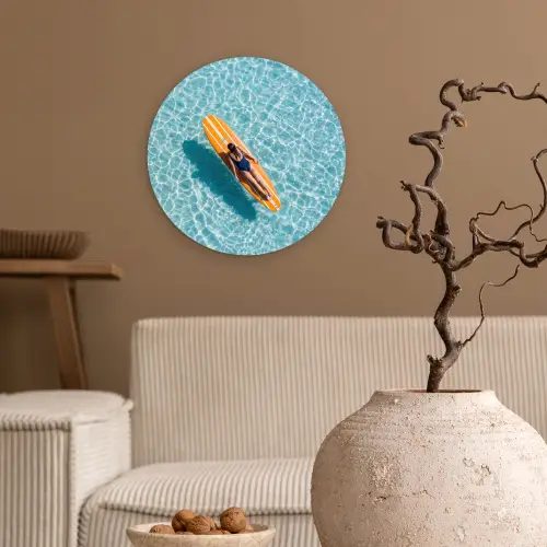 Surfboard - Water - Badpak - Oranje Wandcirkel kunststof plaat 5mm dik klein -sfeer1