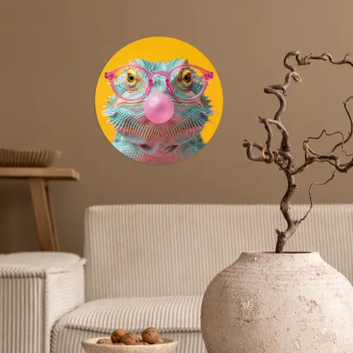 Kameleon - Kauwgom - Kleurrijk Wandcirkel behangsticker klein -sfeer1