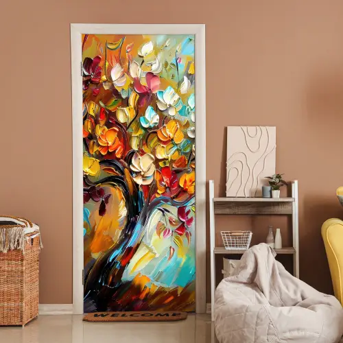 Boom - Abstract - Kleurrijk - Bloemen deurposter klein -sfeer1