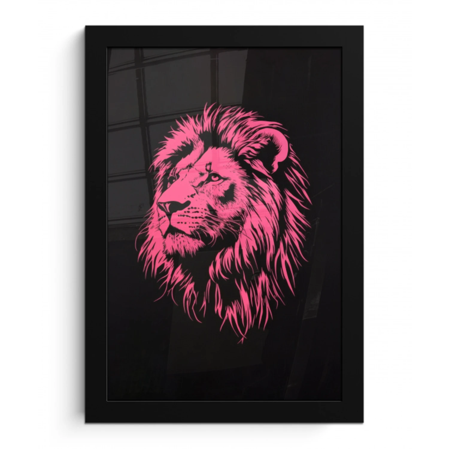 Leeuw - Zwart - Roze - Neon fotolijst zwart zonder passe partout klein -3d
