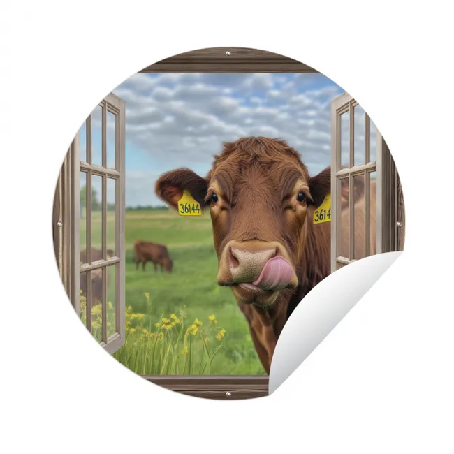 Doorkijk - Koe - Weiland - Landschap - Dieren Wandcirkel tuinposter met ringen klein -3d