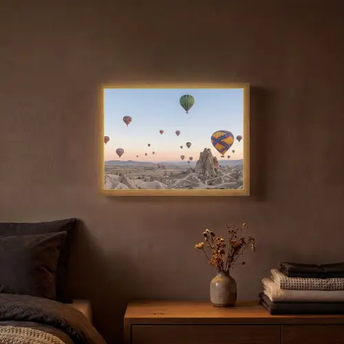Luchtballonnen - Rotsen - Zonsopgang Light Box met batterij (Wandlamp) middel -sfeer4
