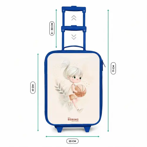 Meisje met een basketbal in neutrale kleuren. Kinderkoffer - Blauw klein -productfoto_formaten