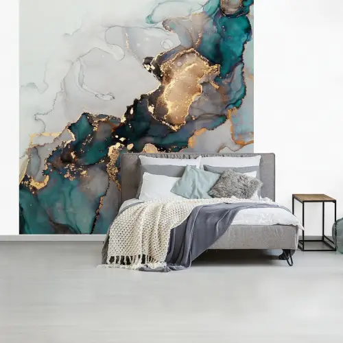 Blauw - Marmer - Goud fotobehang vinyl groot -slaapkamer