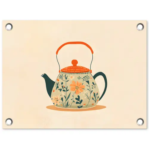 Oranje - Theepot - Bloemen - Bladeren tuinposter los doek klein -3d