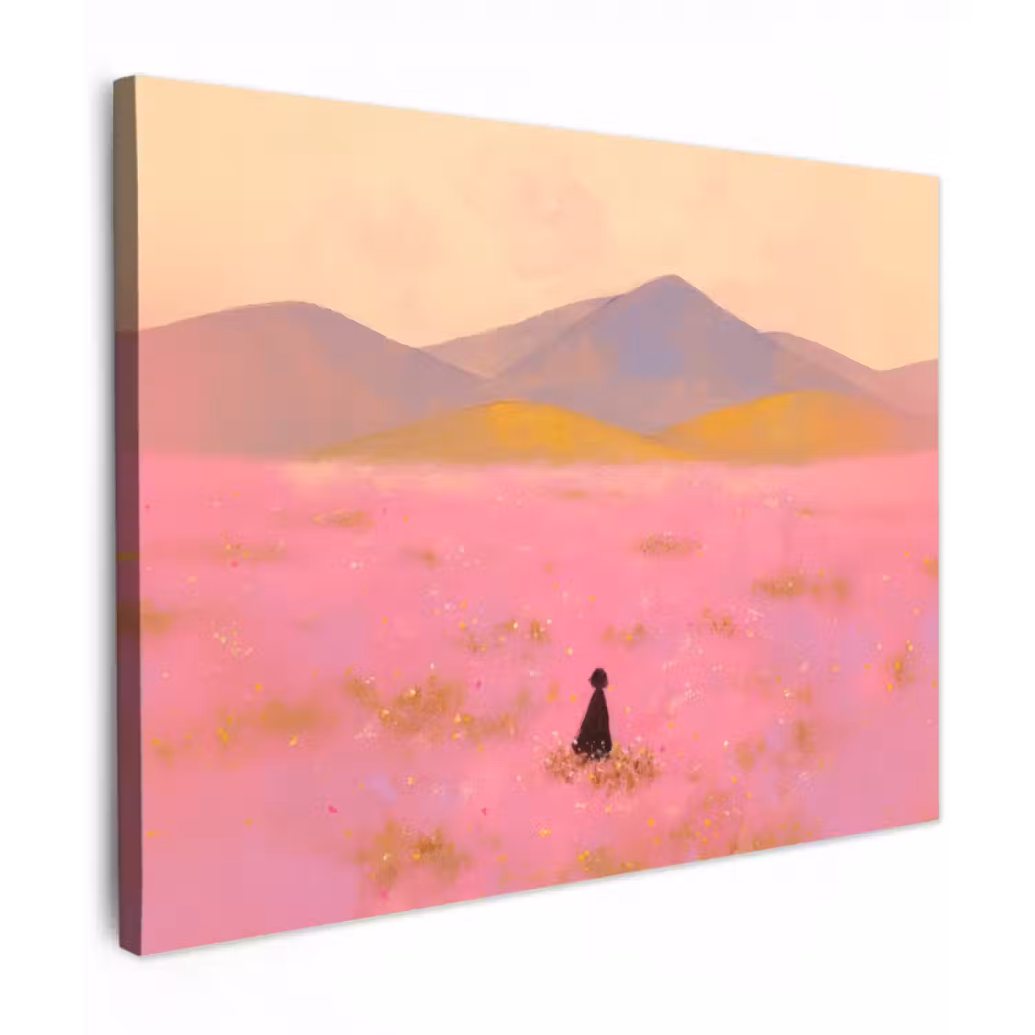 Leinwandbild - Blumenwiese - Hügel - Scherenschnitt - Rosa