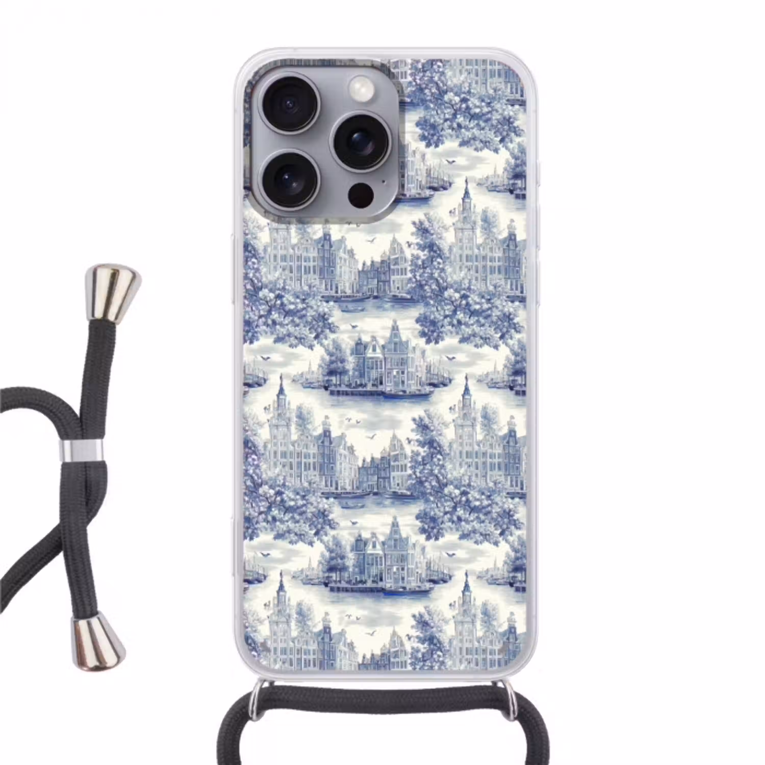 Huizen - Bomen - Water - Vogels - Blauw Hoesje iPhone 16 Pro Max met koord klein 804 -3d