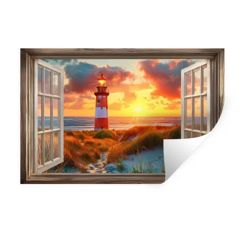 Doorkijk - Raam - Vuurtoren - Zonsondergang - Strand Muursticker klein -3d