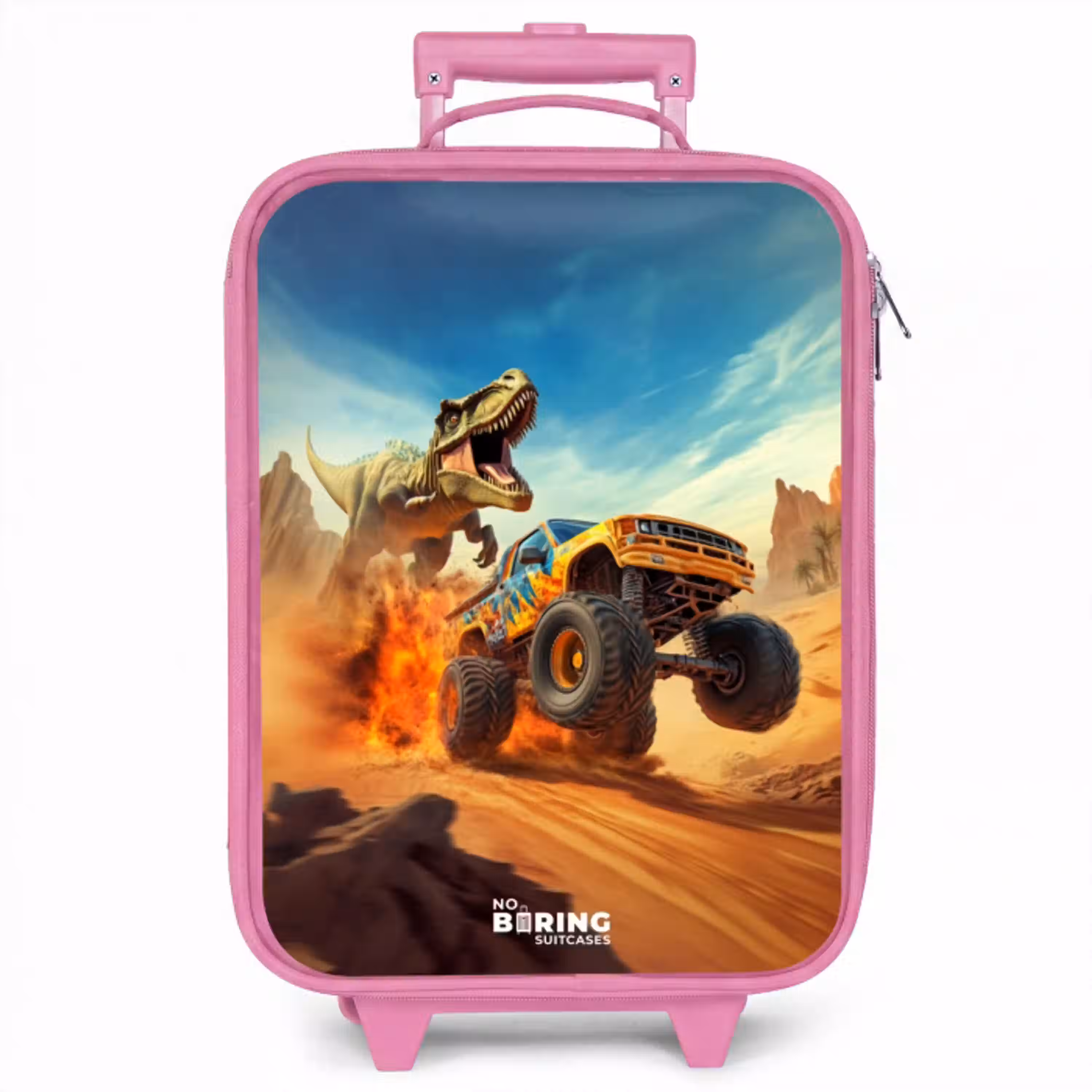 Vluchtende truck voor T-Rex in vurige woestijn Kinderkoffer - Roze klein -zzz_website3d