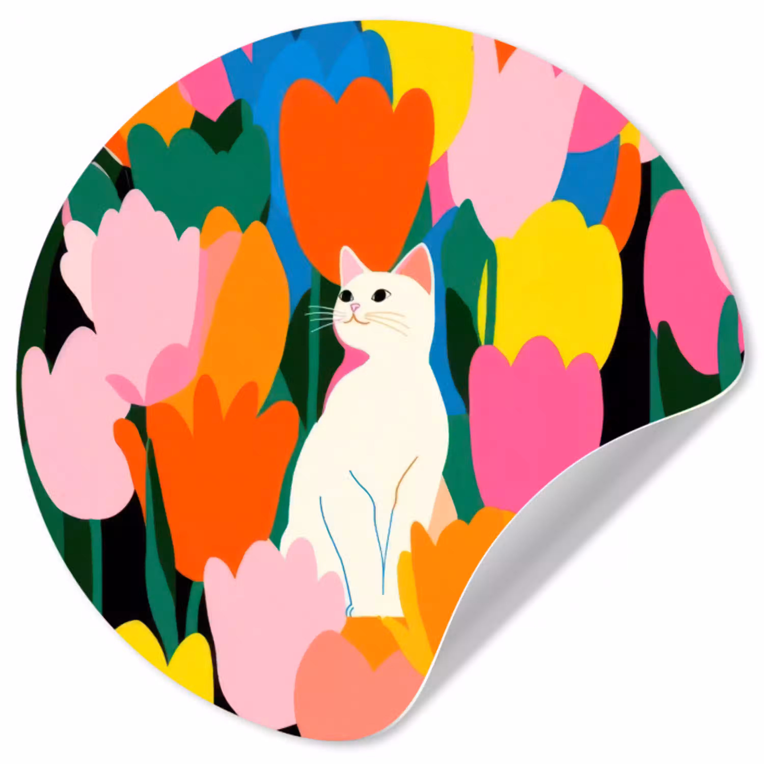 Tulpen - Kat - Kleurrijk Wandcirkel behangsticker klein -3d