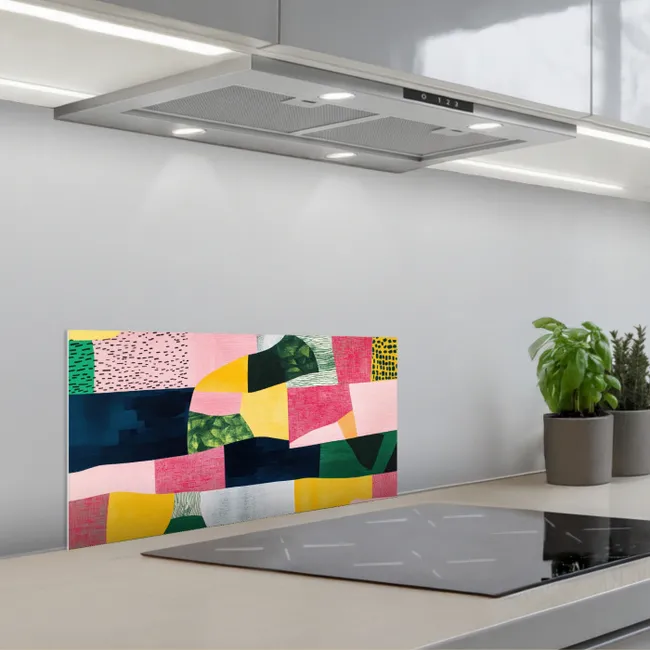 Abstract - Roze - Lappen - Vormen - Geel keuken achterwand spatscherm klein -3d_schuin