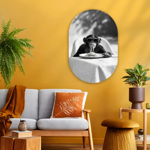 Aap - Spaghetti - Zonnebril - Zwart wit - Cool - Dier Wandcirkel Ovaal Glas middel -sfeer4