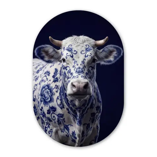 Koe - Delfts - Blauw - Artistiek Wandcirkel Ovaal Forex klein -3d