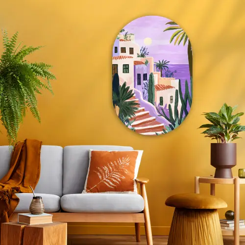 Huizen - Minimalistisch - Palmbomen - Kust Wandcirkel Ovaal Glas middel -sfeer4