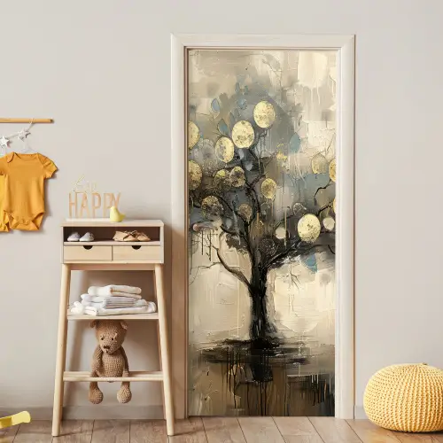 Beige - Abstract - Boom - Goud deurposter klein -sfeer4