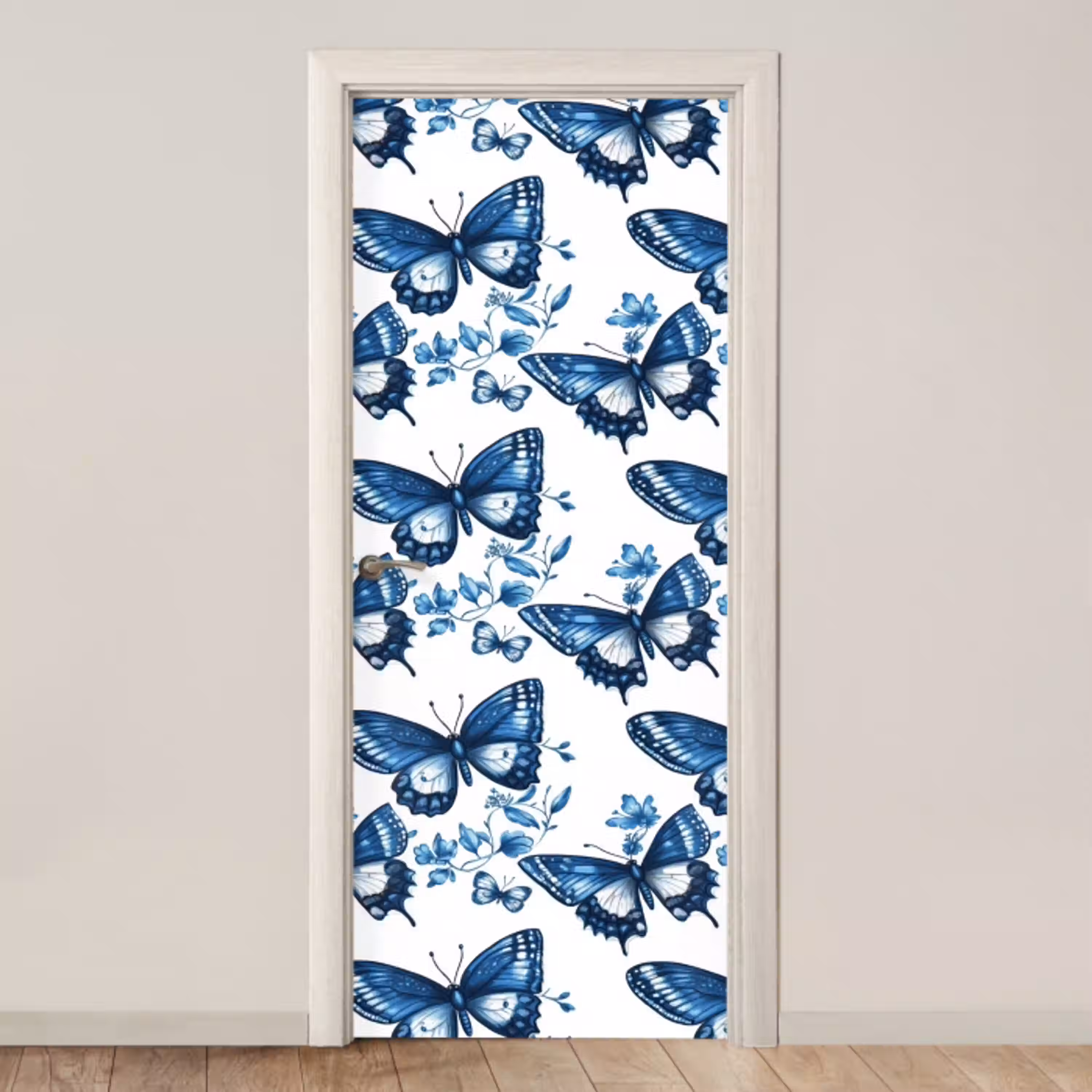 Blauw - Vlinders - Bloemen - Wit deurposter klein 289 -3d_beige