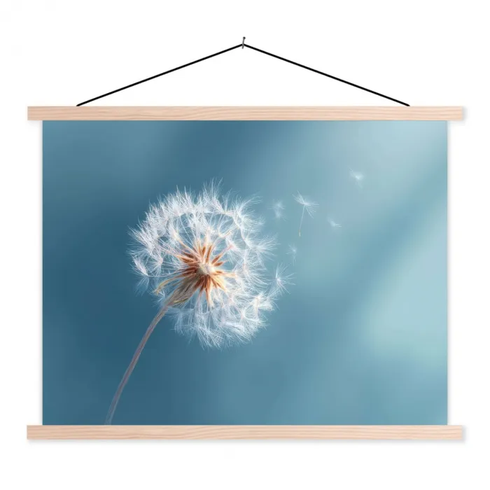 Paardenbloem - Wind - Blauw textielposter latten blank klein -3d
