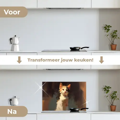 Kat - Geschilderd - Artistiek - Wit keuken achterwand spatscherm klein -voor_na_NL