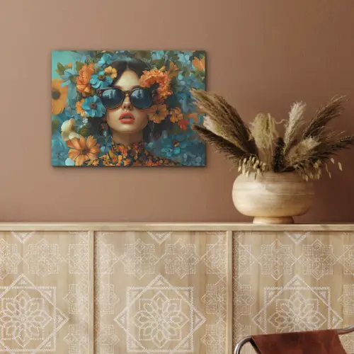 Vrouw - Bloemen - Oranje - Blauw - Modern PET vilt klein -sfeer4
