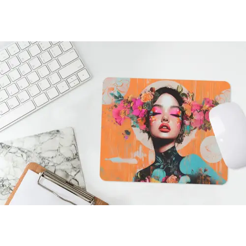 Portret - Vrouw - Abstract - Bloemen muismat rubber klein -witbureau
