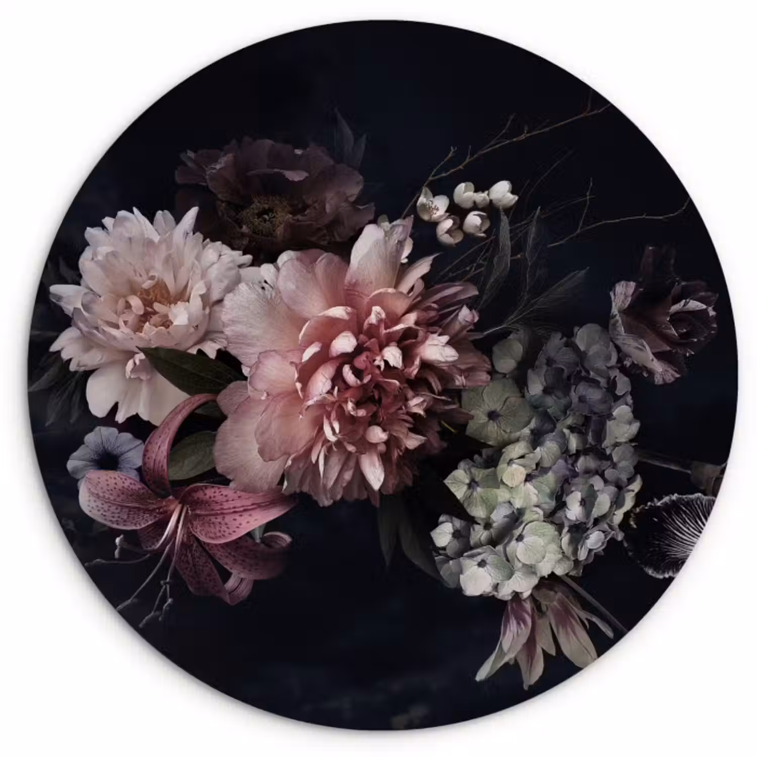Muurcirkel - Bloemen - Vintage - Pastel - Roze - Wit
