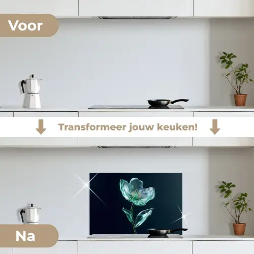 Bladeren - Bloem - Glazen - Donkerblauw keuken achterwand spatscherm klein -voor_na_NL