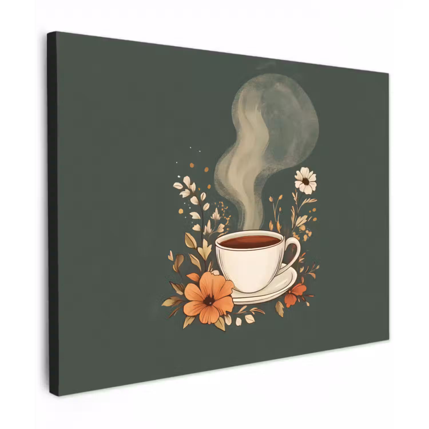 Leinwandbild - Tasse - Blumen - Grün - Kaffee