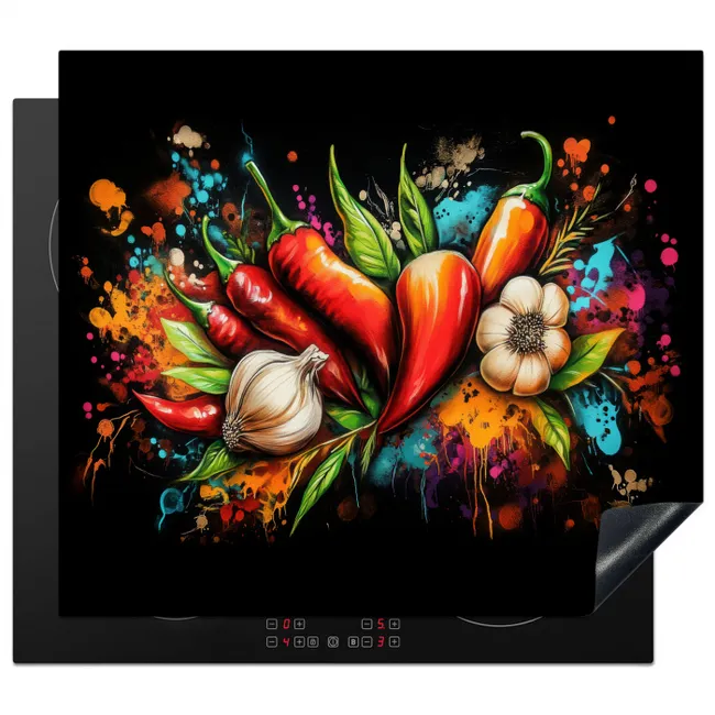 Herdabdeckplatte - Gemüse - Paprika - Knoblauch - Graffiti - Farbe - Bunt