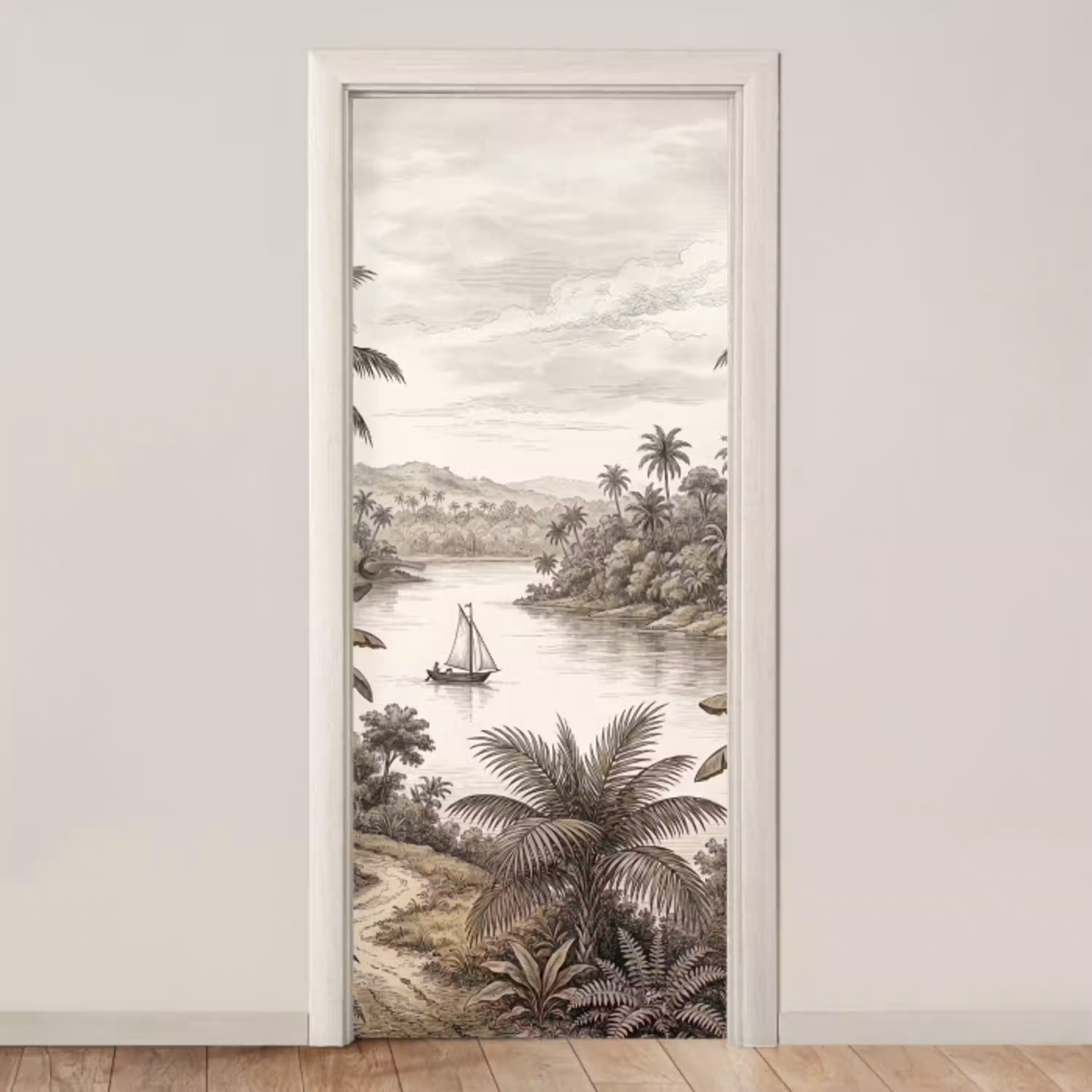 Landschap - Rivier - Boot - Tropisch - Vintage deurposter klein -3d_beige
