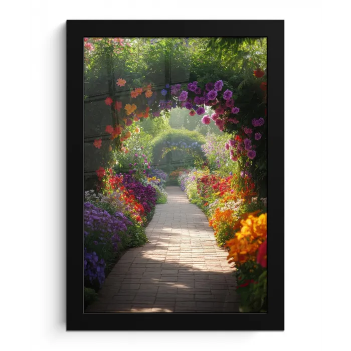 Doorkijk - Pad - Bloemen - Struik - Kleurrijk fotolijst zwart zonder passe partout klein -3d