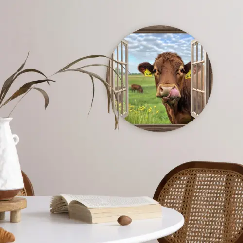 Doorkijk - Koe - Weiland - Landschap - Dieren Wandcirkel plexiglas klein -sfeer4