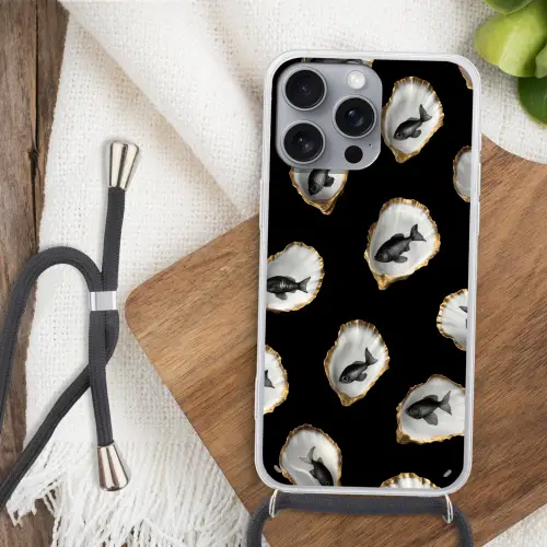 Oesters - Zwart - Vissen - Goud Hoesje iPhone 16 Pro Max met koord klein -sfeer4