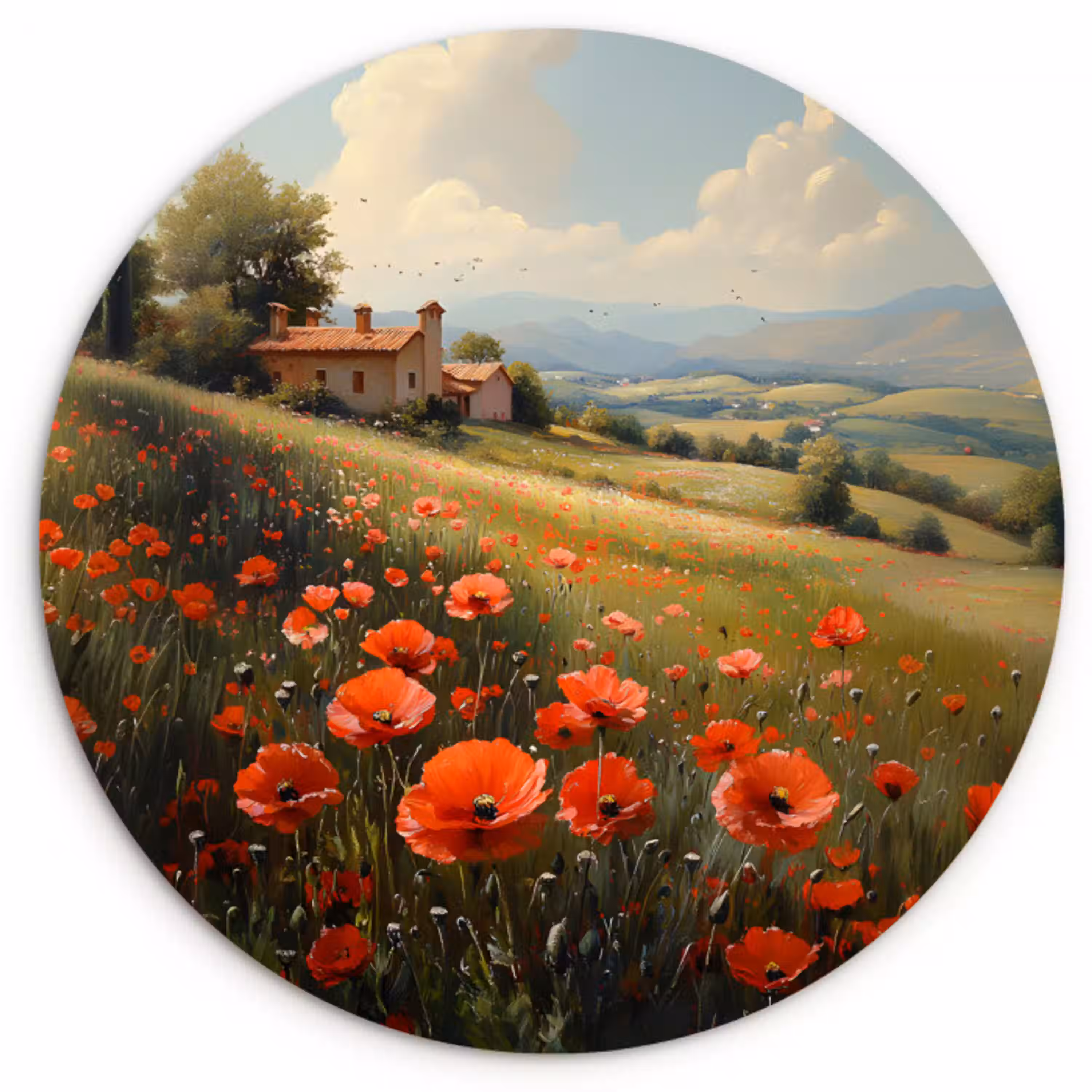 Klaprozen - Rood - Heuvels - Landschap Wandcirkel kunststof plaat 5mm dik klein -3d