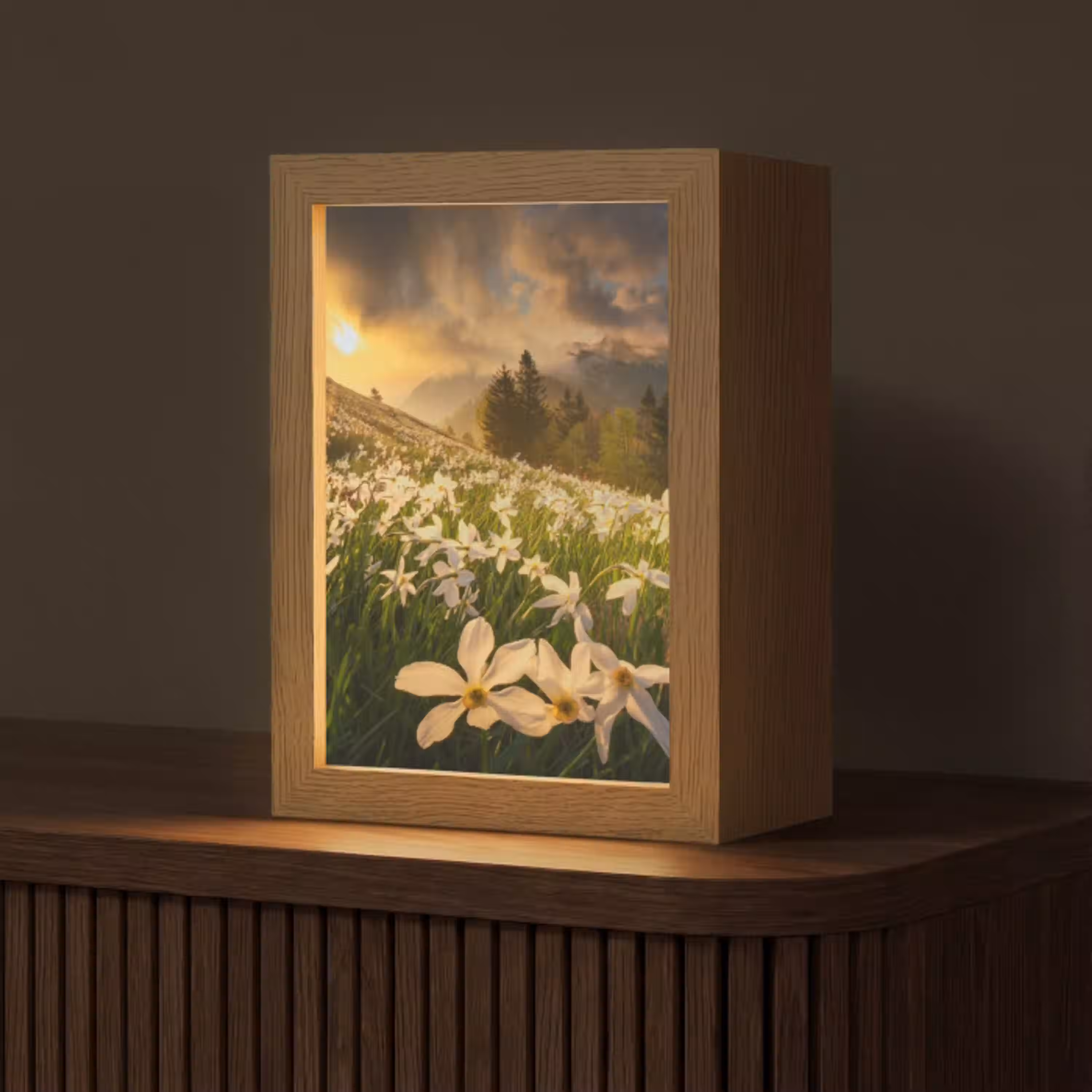 Bloemenveld - Heuvels - Zonsondergang - Berg - Natuur - Wit - Heuvels Light Box met kabel (Tafellamp) klein -z3d_website