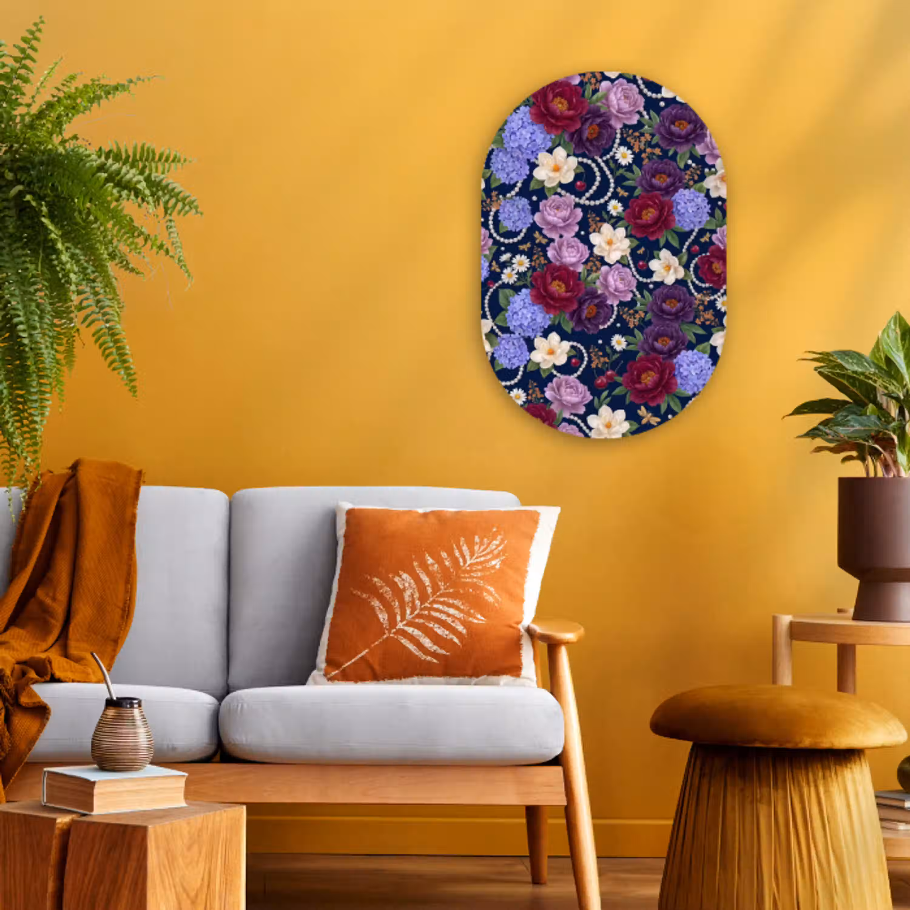Bloemen - Parels - Decoratie - Modern - Blauw Wandcirkel Ovaal Forex klein -sfeer4