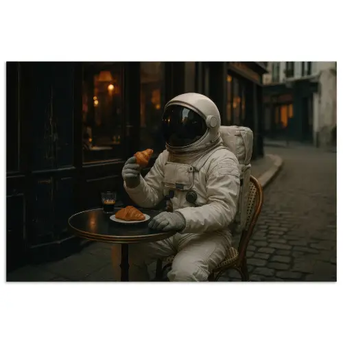 Café - Croissant - Koffie - Astronaut poster papier klein -3d