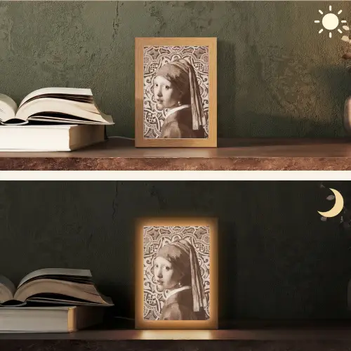 Meisje met de parel - Johannes Vermeer - Sepia Light Box met kabel (Tafellamp) klein -sfeer3