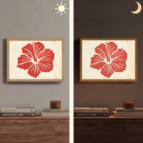 Rode hibiscusbloem - Textuur achtergrond - Beige Light Box met batterij (Wandlamp) middel -sfeer3