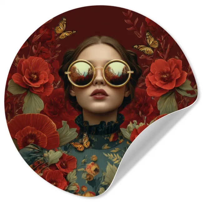 Behangcirkel - Bloemen - Dieprood - Zonnebril - Vrouw