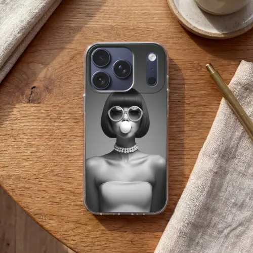 Vrouw - Zwart Wit - Ketting - Zonnebril Telefoonhoesje iPhone 17 Pro klein -sfeer1