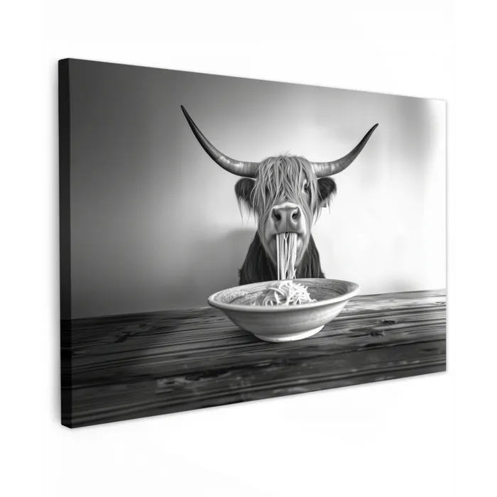Schotse Hooglander - Spaghetti - Dieren - Zwart wit Tuinposter op houten frame 2 cm dik klein -3d
