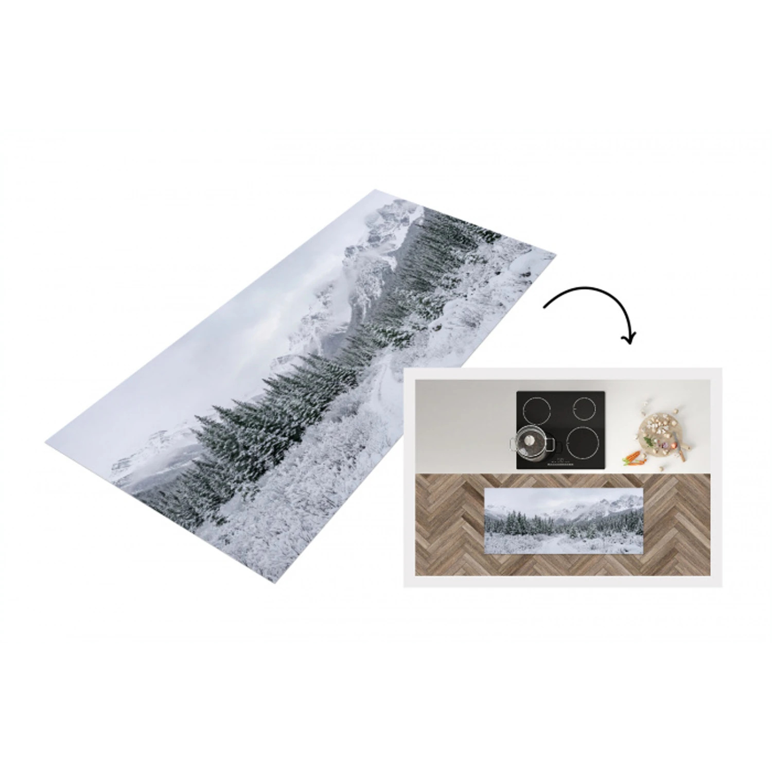 Weg - Bergen - Sneeuw - Naaldbos - Avontuurlijk Keukenloper - keukenmat middel -3d