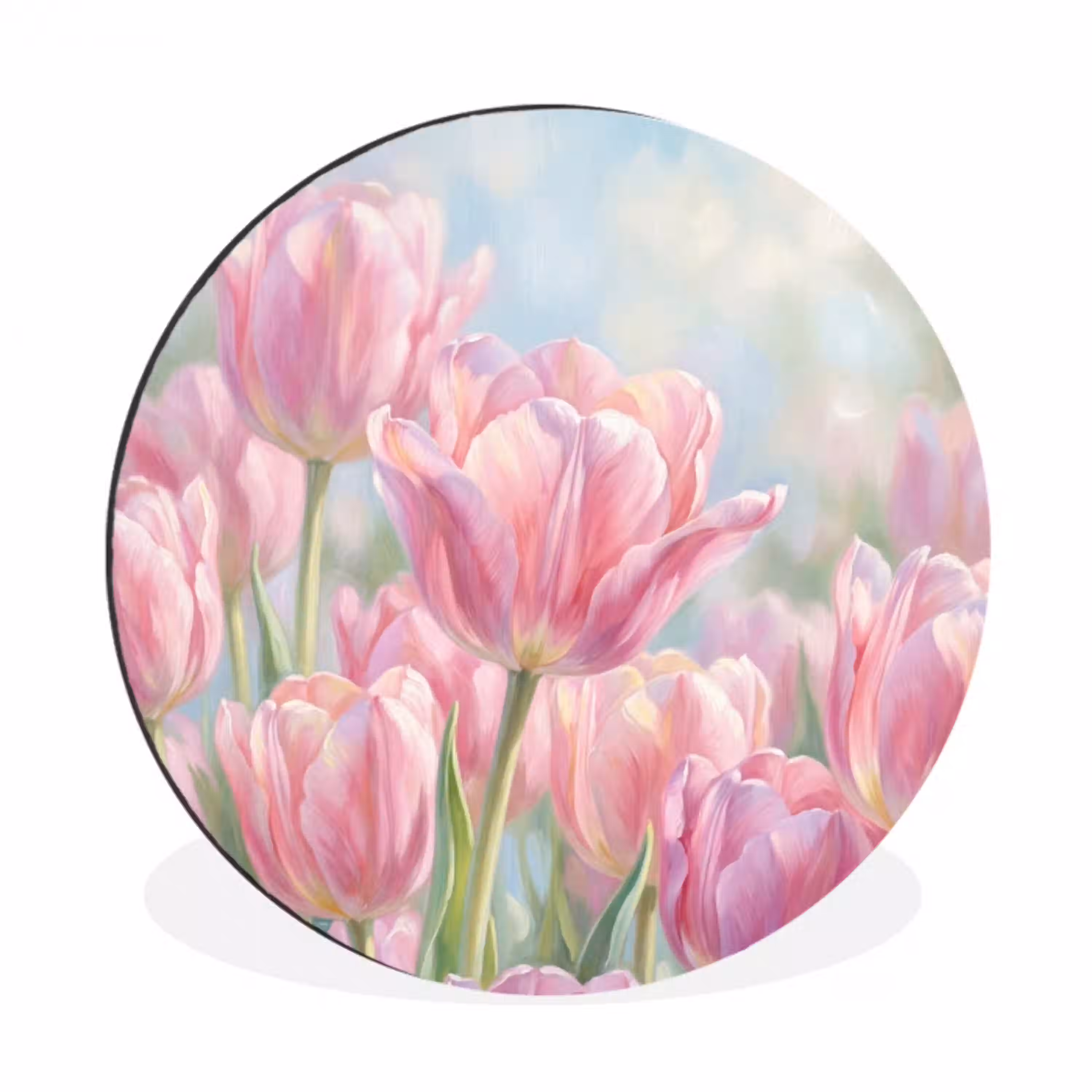 Tulpen - Veld - Lente - Roze Wandcirkel aluminium klein -3d