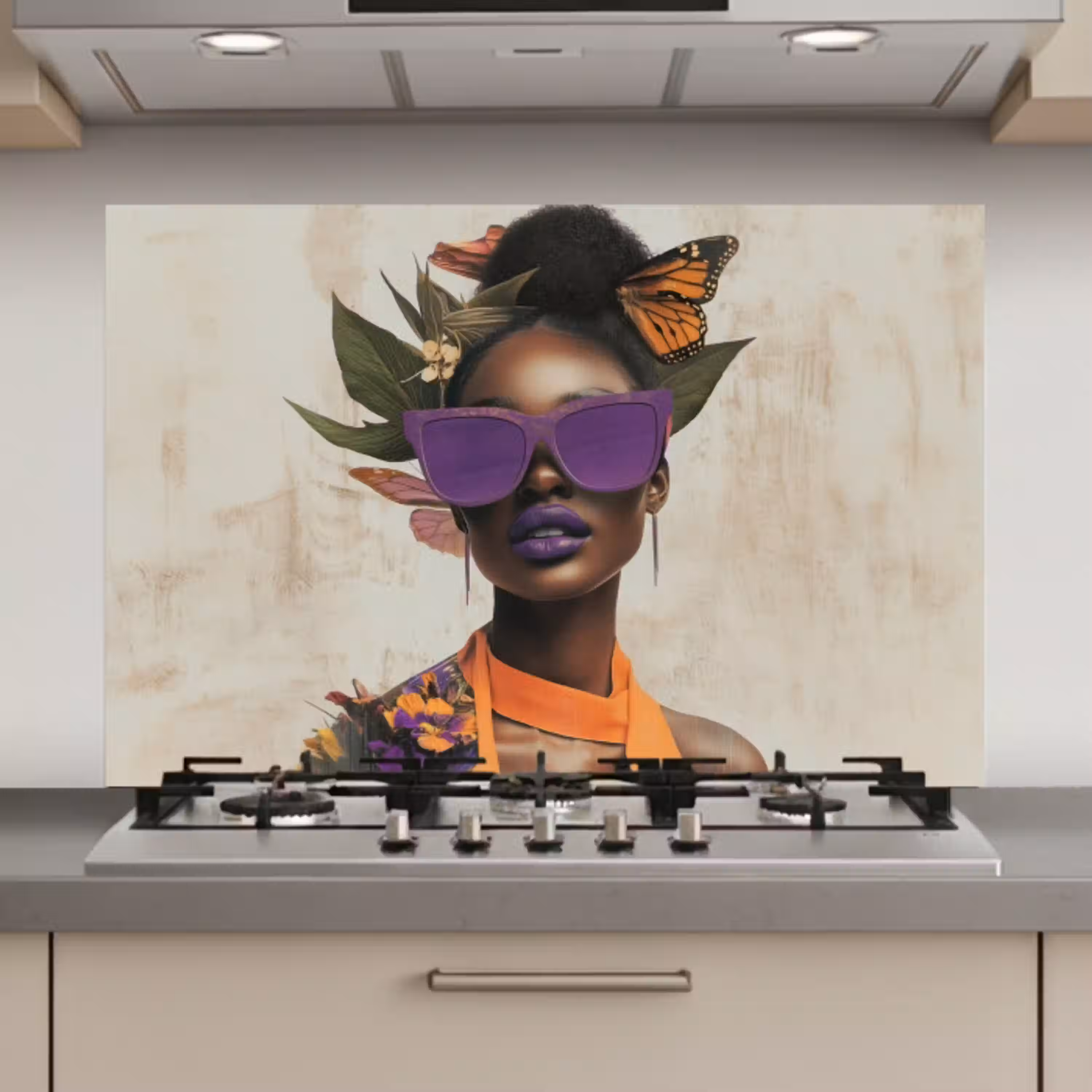 Vrouw - Zonnebril - Vlinder - Bloemen keuken achterwand spatscherm klein -3d_website