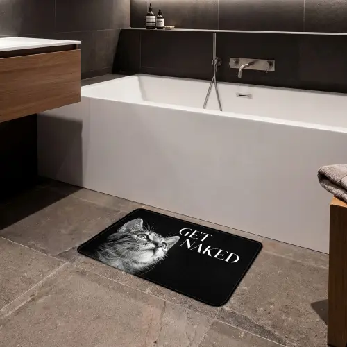 Kat - Dieren - quote - Get naked - Zwart Badmat klein -sfeer3