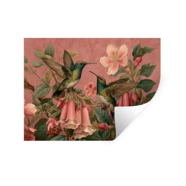 Muursticker - Kolibries - Bloemen - Groen - Roze
