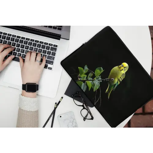 Parkiet - Tak - Bladeren - Geel laptophoes neopreen klein -bureau