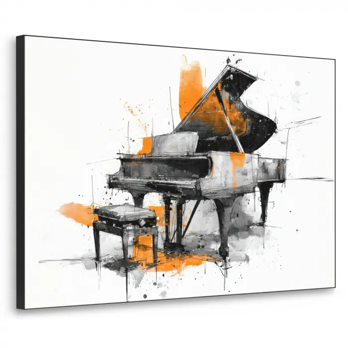 Piano - Oranje - Zwart - schets lijnen Textielframe zwart klein -3d