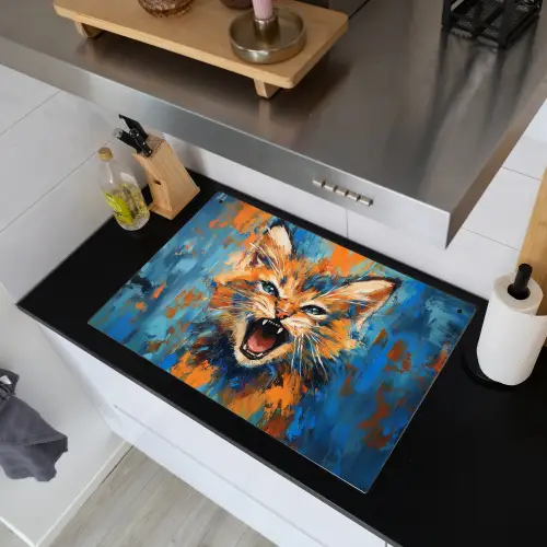 Kat - Kleurrijk - Oranje - Blauw Inductie beschemer met haakjes klein -sfeer1